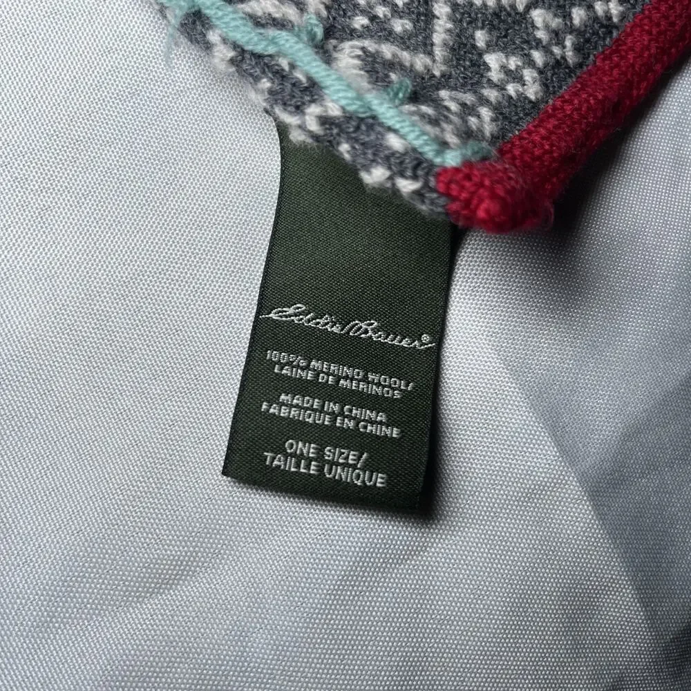 Eddie Bauer 100% Merino Wool Winter Scarf Fair Isle Gray Red Holiday 68